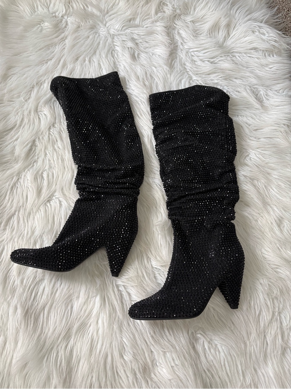 Goth Glam Whimsigoth Disco Black Rhinestone Knee Length Slouchy Cone Heel Boots